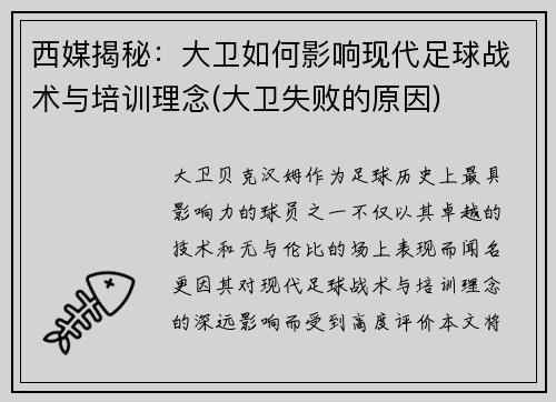 西媒揭秘：大卫如何影响现代足球战术与培训理念(大卫失败的原因)