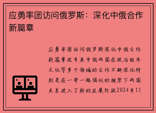 应勇率团访问俄罗斯：深化中俄合作新篇章