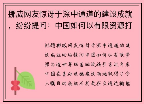 挪威网友惊讶于深中通道的建设成就，纷纷提问：中国如何以有限资源打造世界级基础设施？