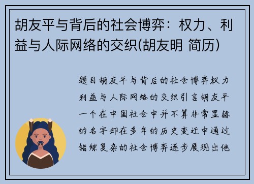 胡友平与背后的社会博弈：权力、利益与人际网络的交织(胡友明 简历)