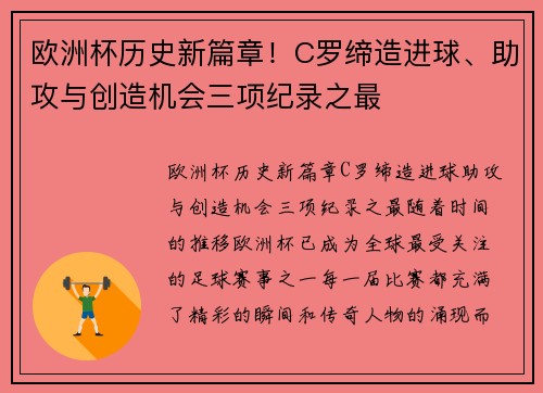 欧洲杯历史新篇章！C罗缔造进球、助攻与创造机会三项纪录之最